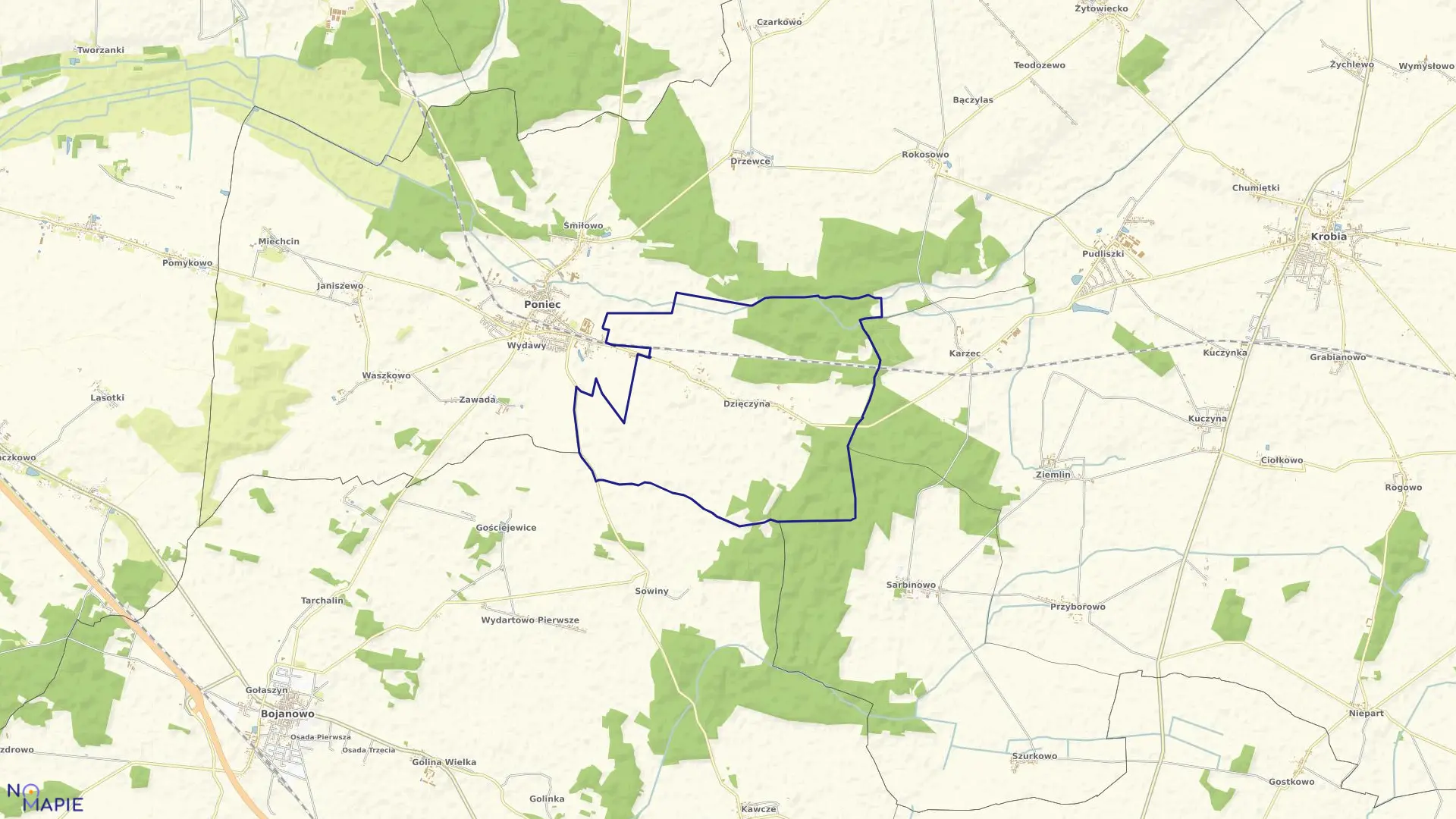 Mapa obrębu DZIĘCZYNA w gminie Poniec